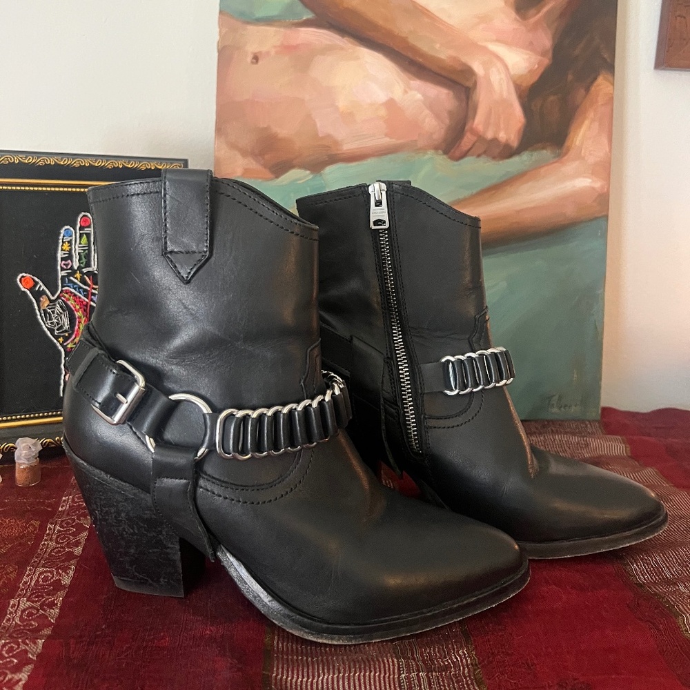 ALL SAINTS Women's Rolene Strap Bootie Black Leather Silver Hardware